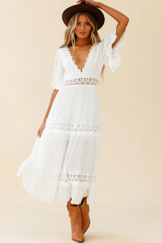 Indio Crochet Insert Deep V-Neckline Angel Sleeve Maxi Dress White