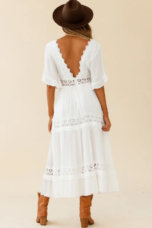 Indio Crochet Insert Deep V-Neckline Angel Sleeve Maxi Dress White