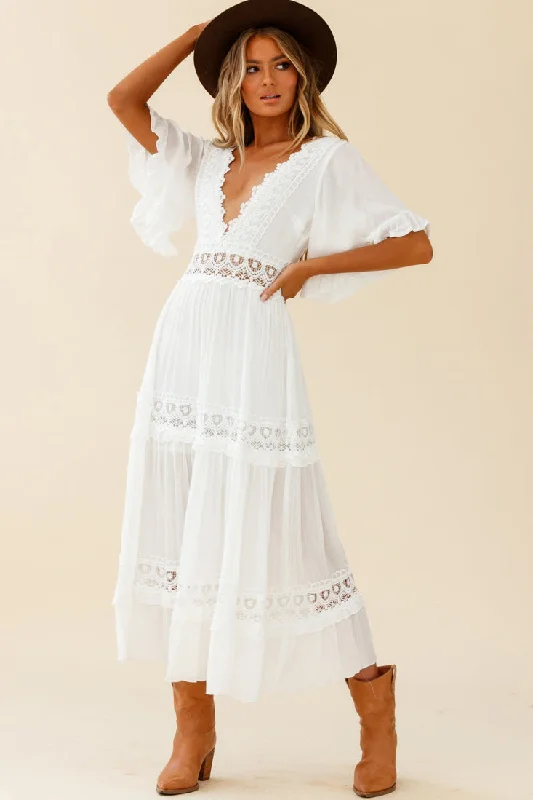 Indio Crochet Insert Deep V-Neckline Angel Sleeve Maxi Dress White