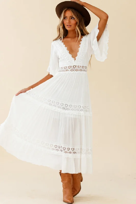 Indio Crochet Insert Deep V-Neckline Angel Sleeve Maxi Dress White