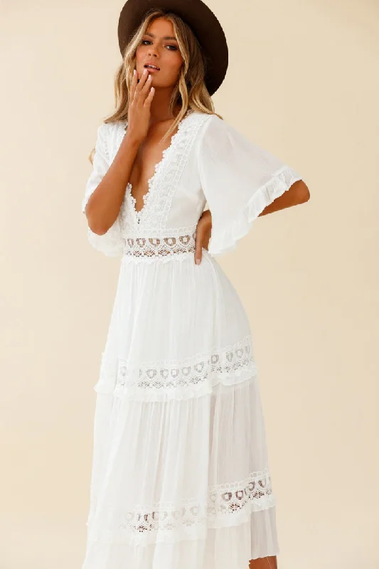 Indio Crochet Insert Deep V-Neckline Angel Sleeve Maxi Dress White