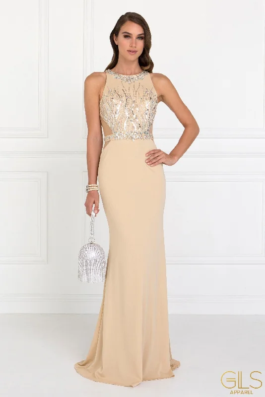 Long Beaded Sleeveless Dress with Sheer Sides by Elizabeth K GL2294