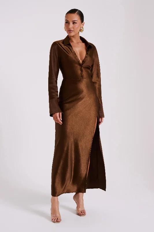 Whitley Satin Collared Maxi Dress - Dark Brown