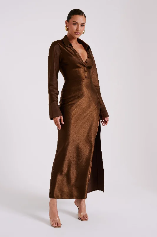 Whitley Satin Collared Maxi Dress - Dark Brown